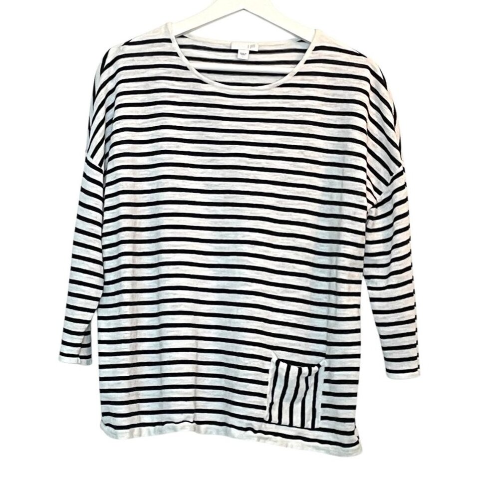 J. Jill Linen Cotton Striped Knit Top Large White Black Pocket Lightweight